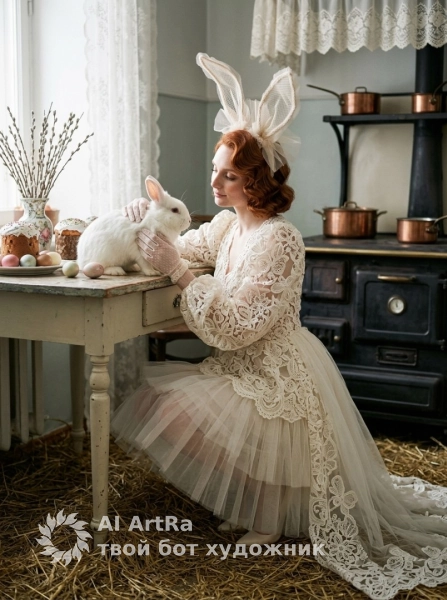 Пасхальный фэшн портрет в образе кролика нежность и винтажная кухня