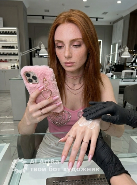 Портрет девушки за маникюрным столом гламур и уход