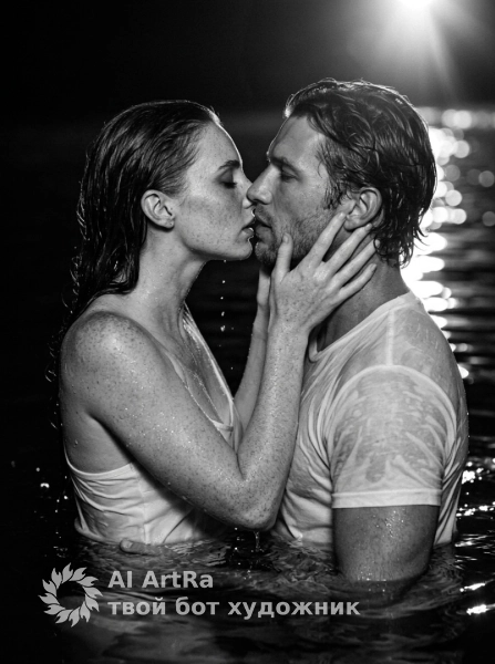 Романтический портрет пары в воде ночью