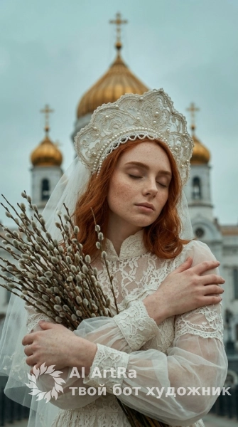 Портрет девушки у храма, вербное воскресенье
