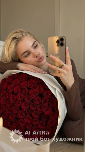 Фэшн портрет с красными розами, зеркало и атмосфера