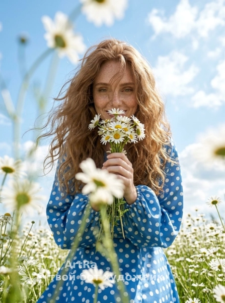 Арт фотосессия в поле ромашек голубое платье и нежность