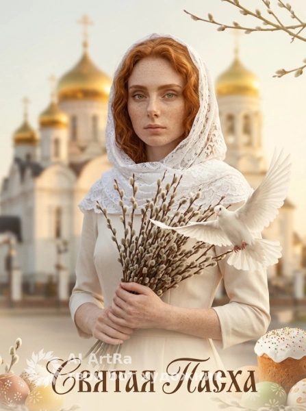 Пасхальная открытка с вербой храм и светлая атмосфера