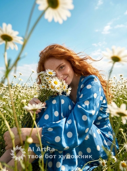 Фэшн портрет на лугу с ромашками низкий ракурс