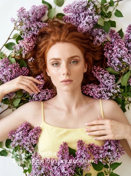 Фэшн фотосессия среди цветов, сирень и легкость