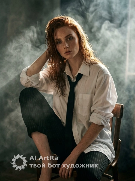 Кинематографичный портрет женщины на стуле, дым и свет нуар