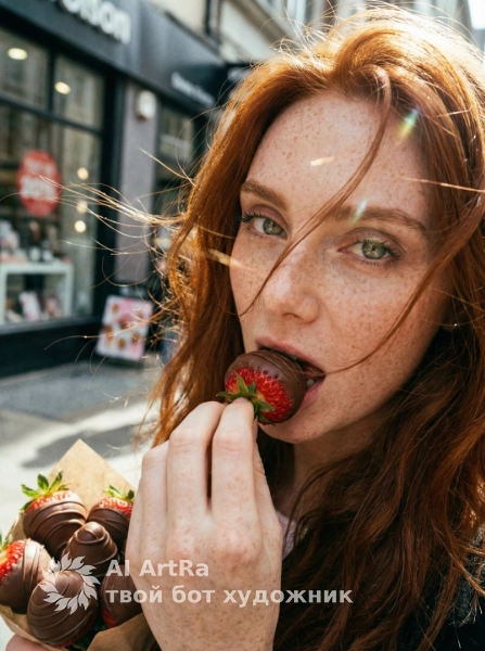 Экстремальный портрет девушки, клубника в шоколаде