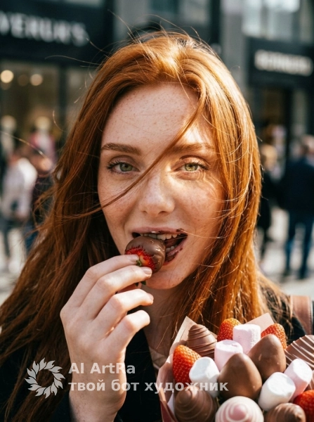 Экстремальный портрет девушки, клубника в шоколаде