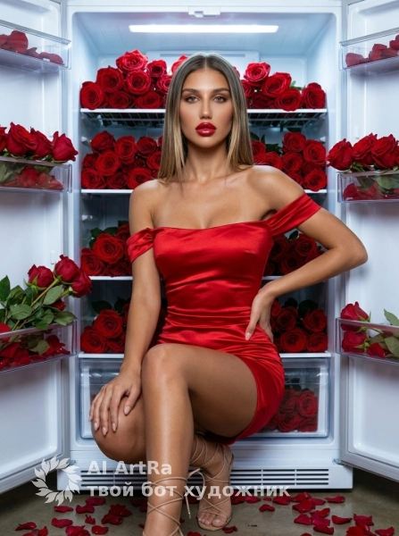 Фотосессия с красными розами в холодильнике