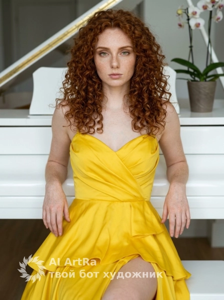 Фотосессия в жёлтом вечернем платье с белым пианино