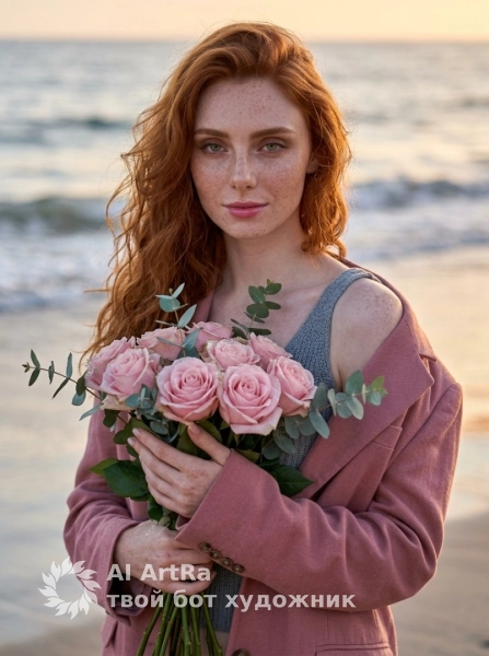 Фотосессия у моря с букетом роз