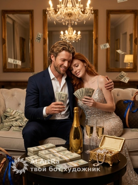 Фотосессия с деньгами и шампанским в гостиной