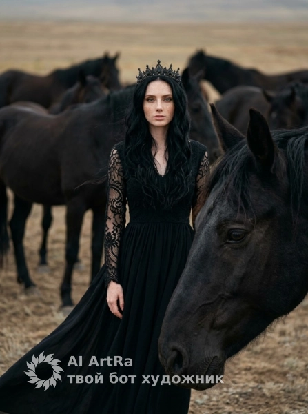 Фотосессия с чёрными лошадьми, мистический портрет в степи
