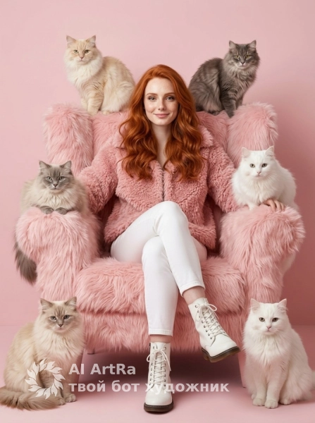 Фотосессия в розовом кресле с кошками