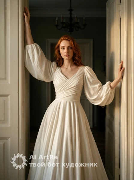 Фотосессия в дверном проёме в белом вечернем платье