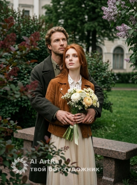 Фотосессия пары в парке с букетом цветов