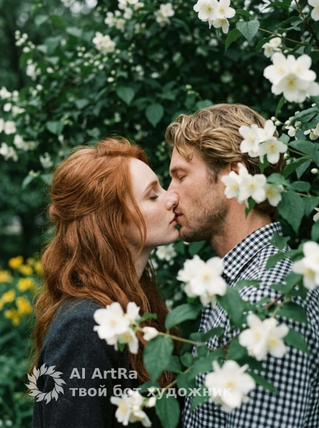 Фотосессия пары среди белых цветков