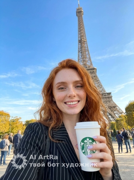 Портрет девушки на фоне Эйфелевой башни