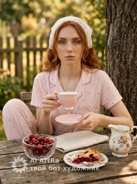 Фотосессия в саду с чашкой и вишневым пирогом