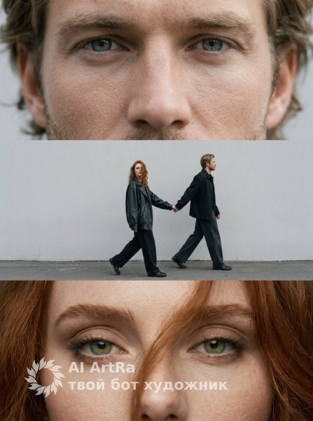 Триптих в уличном стиле с акцентом на взгляд и движение пары