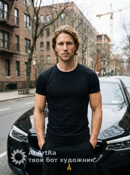 Фотосессия мужчины у BMW M5 в образе total black на городской улице