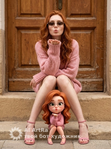 Портрет на ступенях с девочкой-копией в мультяшном стиле рядом