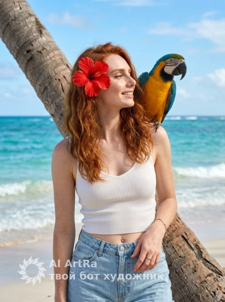 Летний вайб, портрет у океана с ярким попугаем ара