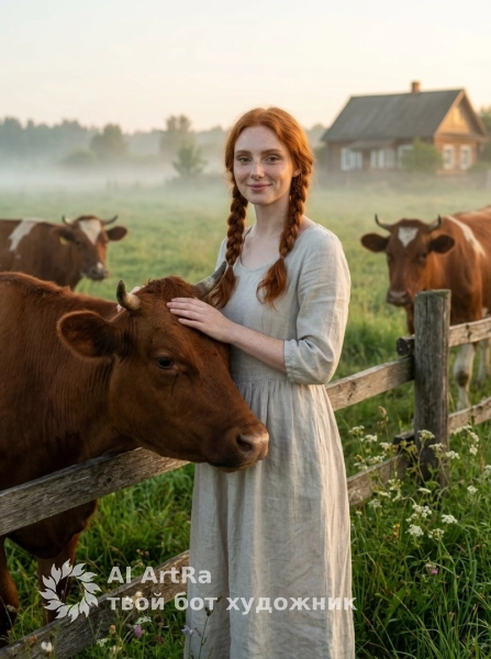 Утро в деревне, девушка среди коров на зелёном лугу