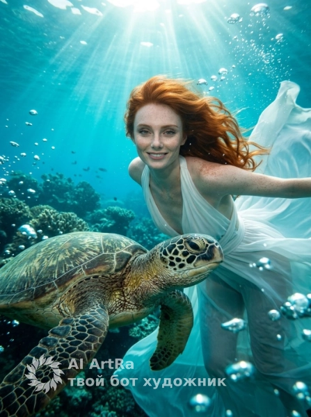 Подводная грация, женщина рядом с морской черепахой