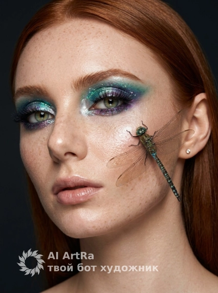 Высокая мода, портрет с глянцевым макияжем и стрекозой