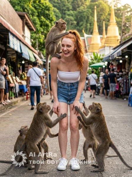 Тропическое настроение, девушка среди обезьян на улицах Таиланда