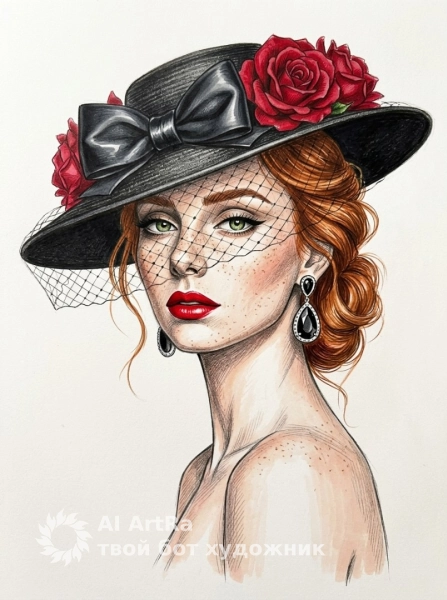 Элегантный арт, портрет в шляпе с красными розами