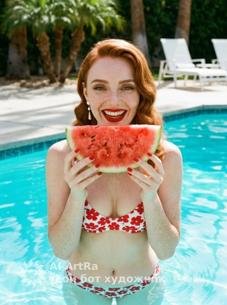 Винтажное настроение, портрет в бассейне с арбузом
