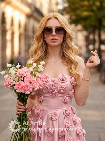 Розовый гламур, стильный уличный портрет с букетом