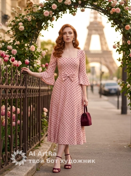 Парижская романтика, женщина у цветочной арки с видом на башню