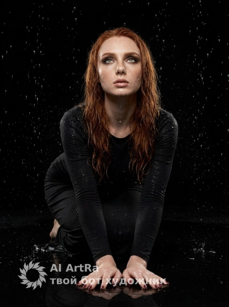 Драматичный портрет под дождём, женщина в чёрном платье в студии