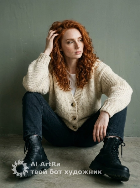 Спокойная эстетика, девушка в вязаном кардигане на полу