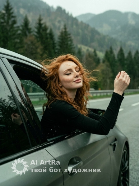 Свобода в движении, портрет в машине среди гор