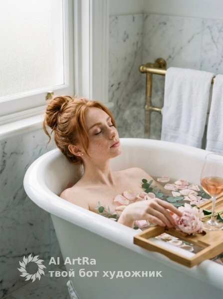 Домашний спа, девушка среди лепестков и эвкалипта