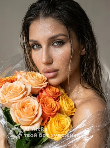 Утренняя свежесть, портрет с влажной кожей и букетом роз