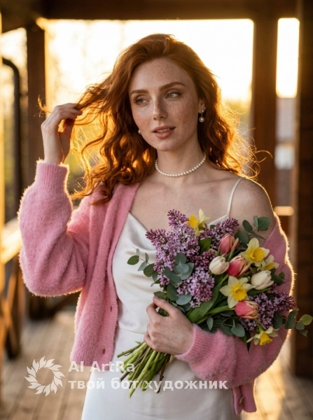 Весенний закат, девушка с роскошным букетом на веранде