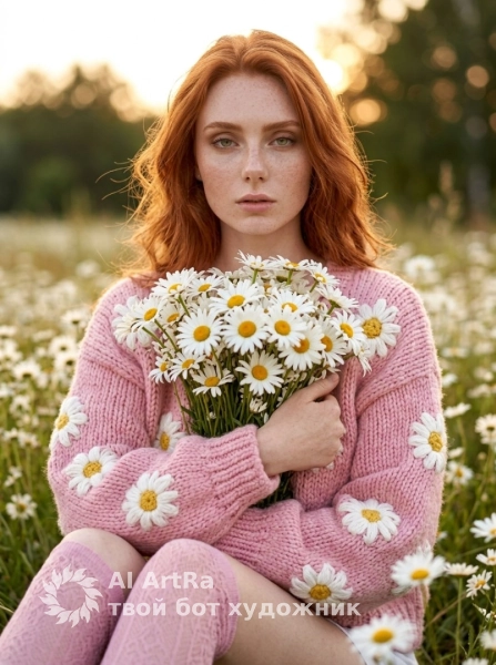 Нежная романтика, девушка с букетом ромашек в поле