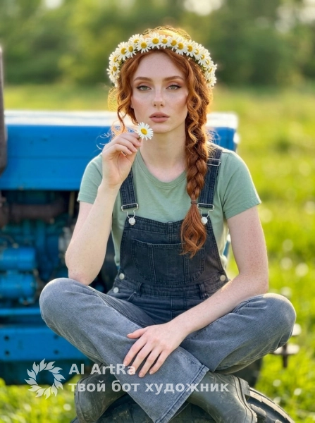 Летняя деревенская фотосессия, девушка на синем тракторе с ромашкой