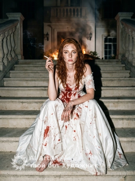 Ночная тишина, невеста среди дыма и огня