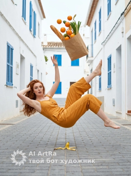 Комедийный полёт, девушка в воздухе среди продуктов