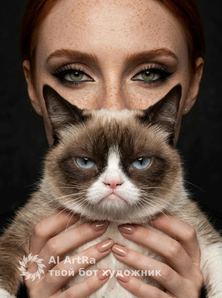 Загадочный портрет, девушка с котом в тёмной студии