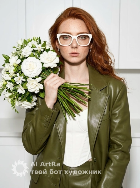 Оливковый шик, портрет с белыми цветами в минималистичном интерьере