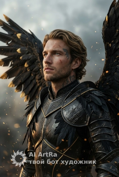 Падший ангел в черных доспехах с золотым светом