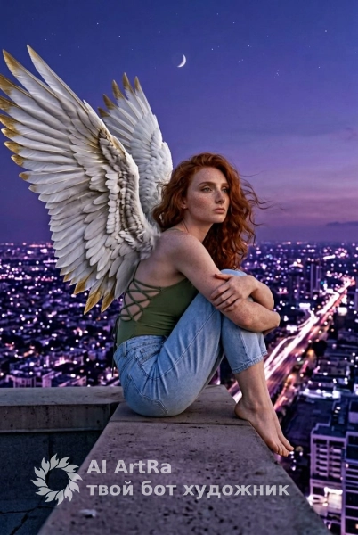 Ангел над городом на закате с белыми крыльями и огнями мегаполиса