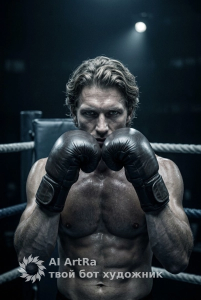 Боксер в углу ринга с жестким светом и сосредоточенным взглядом